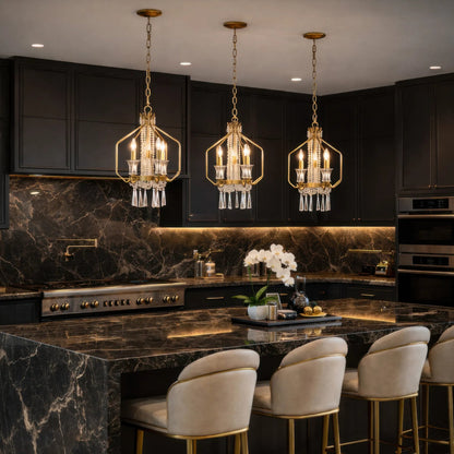 Barcelona 3+1 Light Pendant by Varaluz in gold, brass. Made from steel, crystal in a unique style.