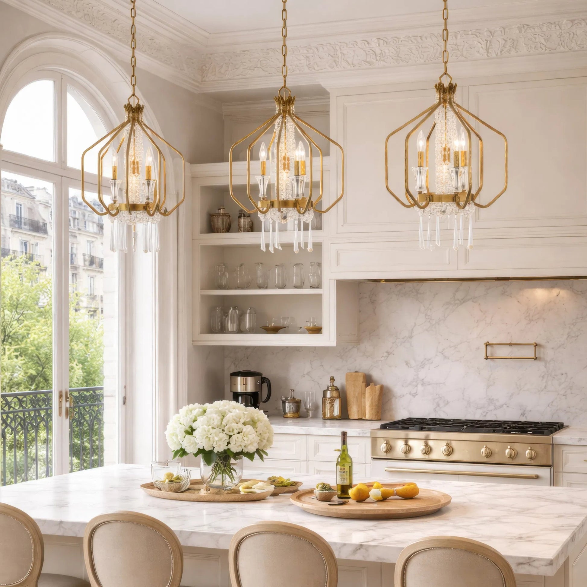 Barcelona 3+1 Light Pendant by Varaluz in gold, brass. Made from steel, crystal in a unique style.