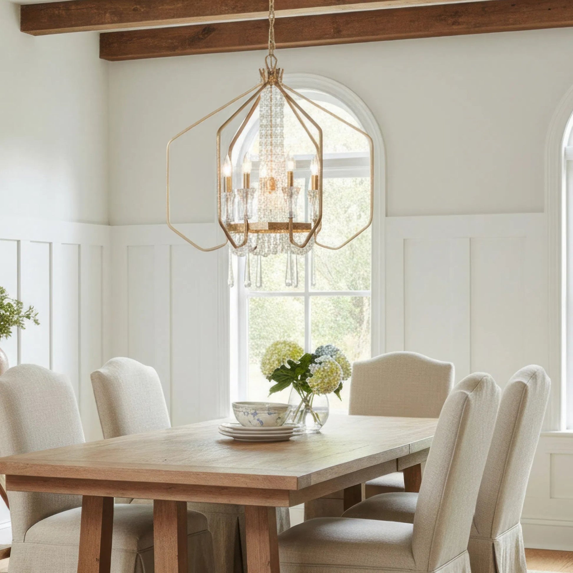 Barcelona 6+1 Light Pendant by Varaluz in gold, brass. Made from steel, crystal in a unique style.