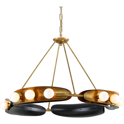 Hopper Chandelier by Corbett in vintage brass bronze accents. Made from solid brass in a modern style.