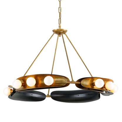 Hopper Chandelier by Corbett in vintage brass bronze accents. Made from solid brass in a modern style.