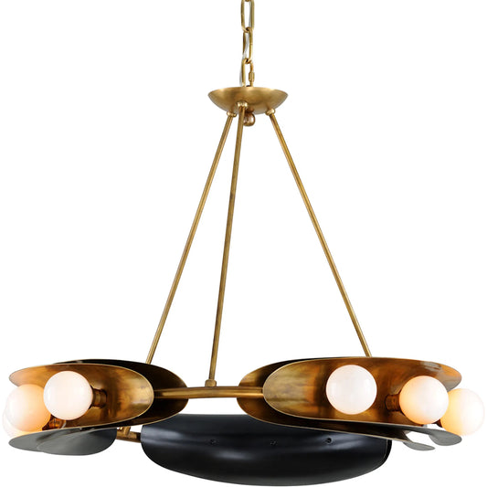Hopper Chandelier by Corbett in vintage brass bronze accents. Made from solid brass in a modern style.