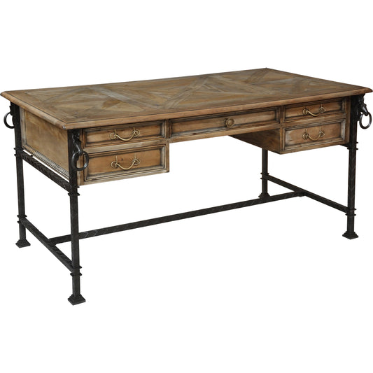 Game of Thornes Desk by Sarreid Ltd. in walnut and industrial tan/bleached wood finish. Made from walnut, iron in a cottage & farmhouse style.
