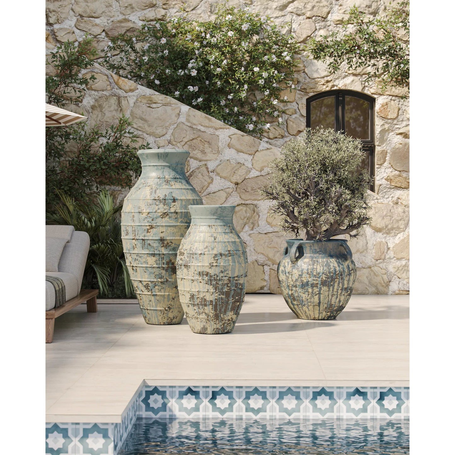 016 SI-2257255 | Lifestyle | Ragusa Urn by Currey and Company in antique white, blue drip. Made from terracotta in a rustic style.