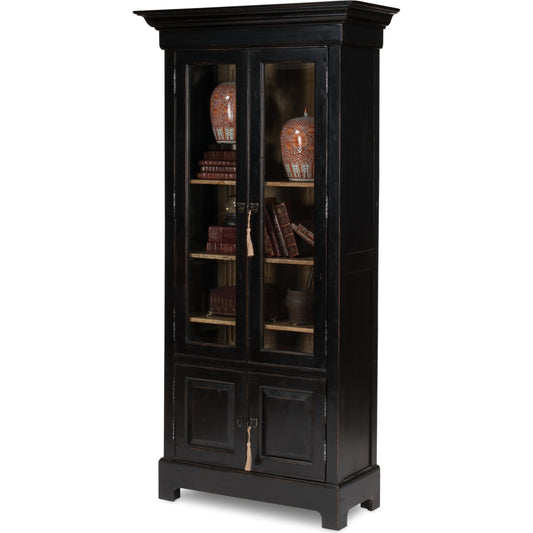 Bookcase in Ebony Finish by Sarreid Ltd. in black and 5 adjustable shelves two keys. Made from solid walnut, glass in a traditional style.