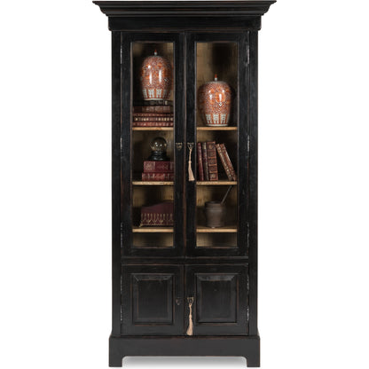 Bookcase in Ebony Finish by Sarreid Ltd. in black and 5 adjustable shelves two keys. Made from solid walnut, glass in a traditional style.