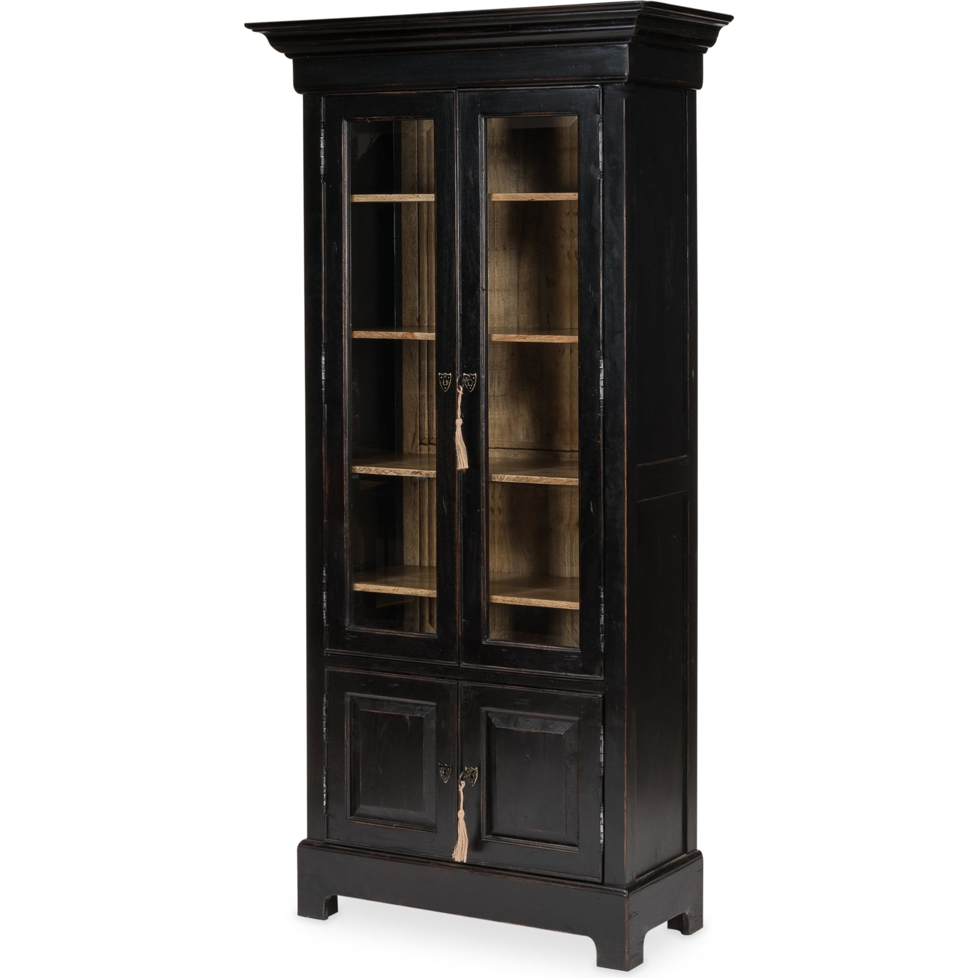 Bookcase in Ebony Finish by Sarreid Ltd. in black and 5 adjustable shelves two keys. Made from solid walnut, glass in a traditional style.