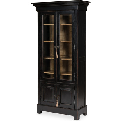 Bookcase in Ebony Finish by Sarreid Ltd. in black and 5 adjustable shelves two keys. Made from solid walnut, glass in a traditional style.