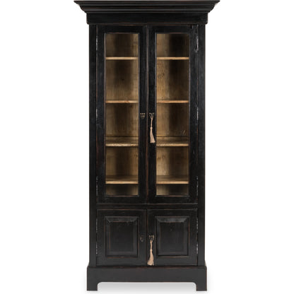 Bookcase in Ebony Finish by Sarreid Ltd. in black and 5 adjustable shelves two keys. Made from solid walnut, glass in a traditional style.