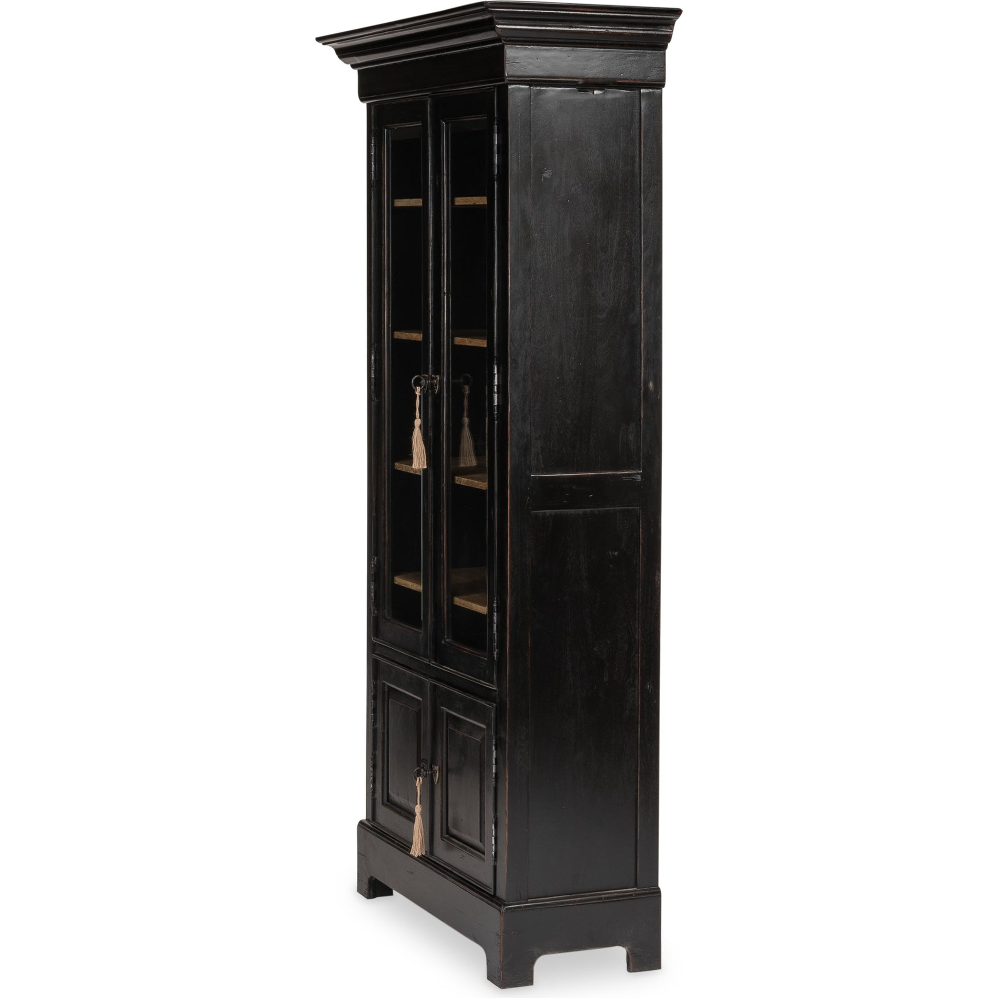 Bookcase in Ebony Finish by Sarreid Ltd. in black and 5 adjustable shelves two keys. Made from solid walnut, glass in a traditional style.