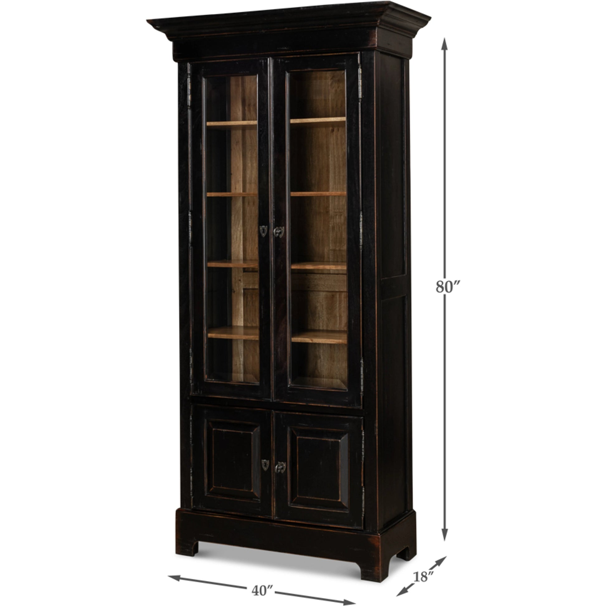 Bookcase in Ebony Finish by Sarreid Ltd. in black and 5 adjustable shelves two keys. Made from solid walnut, glass in a traditional style.