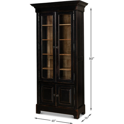 Bookcase in Ebony Finish by Sarreid Ltd. in black and 5 adjustable shelves two keys. Made from solid walnut, glass in a traditional style.