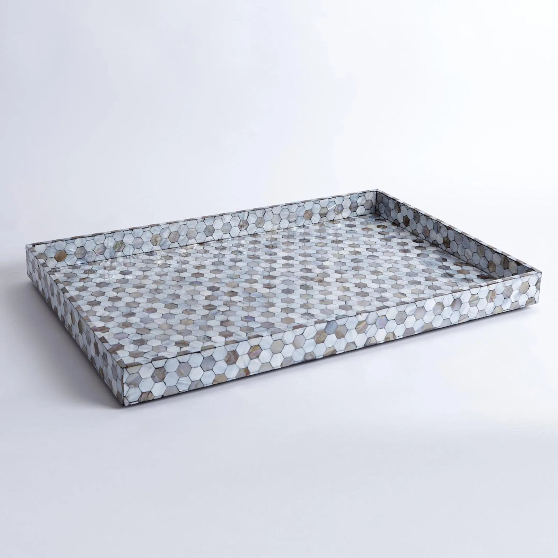 Mother of Pearl Tray by Global Views. Made from mdf, plywood, mother of pearl in a coastal style.