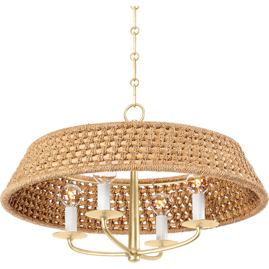 Bradley 4 Light Chandelier by Hudson Valley in vintage gold leaf. Made from natural woven in a cottage & farmhouse style.