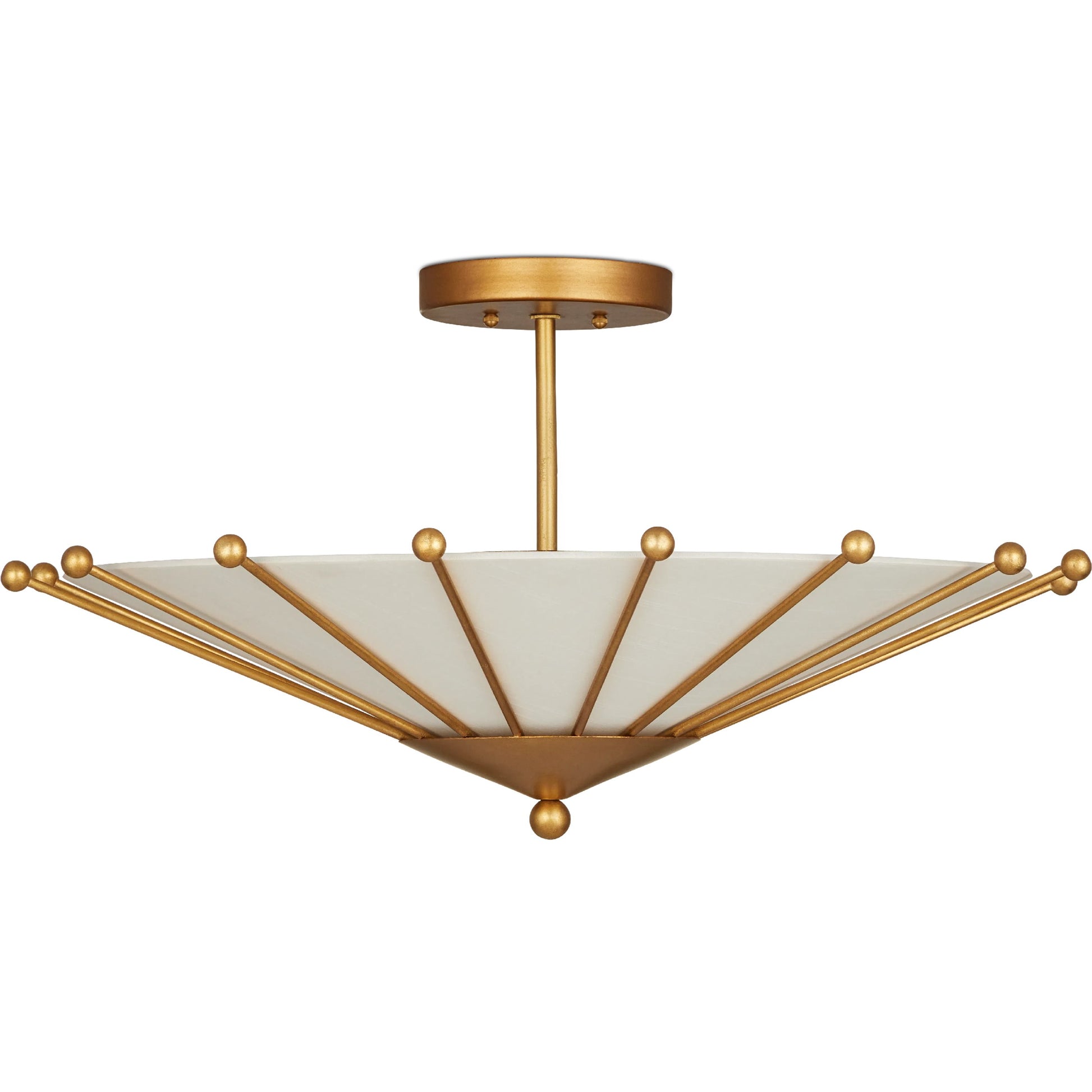Epoch Semi-Flush Mount by Currey and Company in contemporary gold leaf, sugar white. Made from wrought iron in a modern style.
