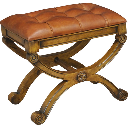 Empire Stool by Sarreid Ltd. in brown and fruitwood finish old bay leather. Made from solid walnut, leather in a rustic style.