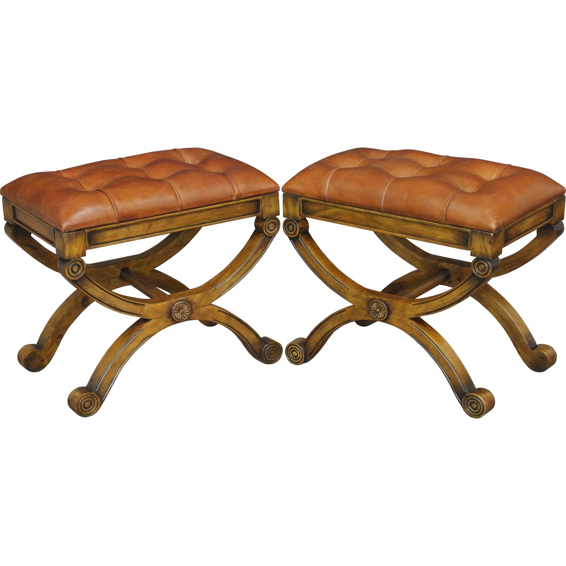 Empire Stool by Sarreid Ltd. in brown and fruitwood finish old bay leather. Made from solid walnut, leather in a rustic style.