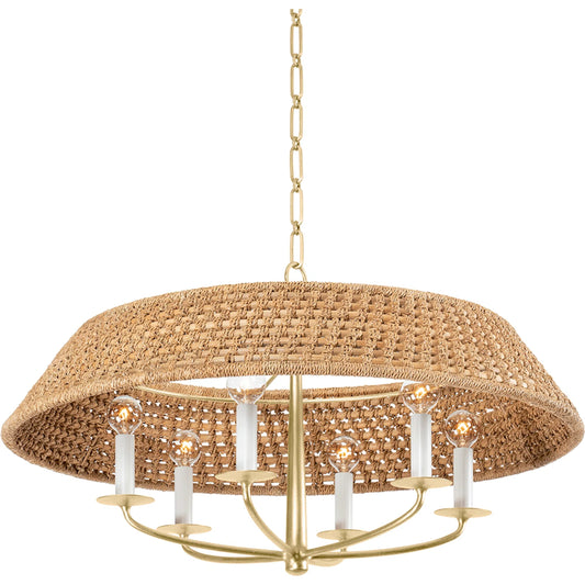 Bradley 6 Light Chandelier by Hudson Valley in vintage gold leaf. Made from natural woven in a cottage & farmhouse style.