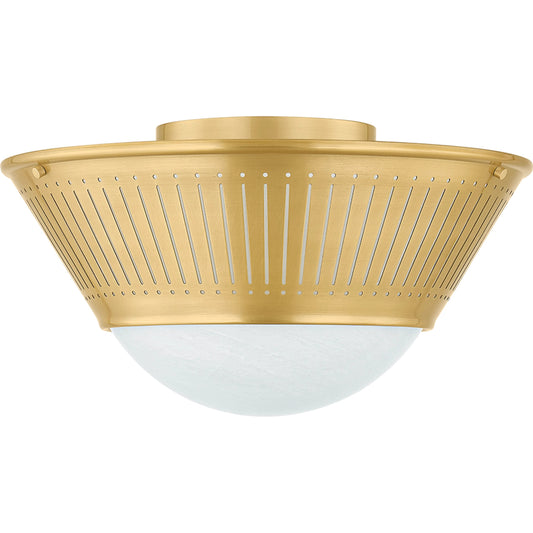 Elsmere Flush Mount by Hudson Valley in aged brass. Made from steel in a unique style.