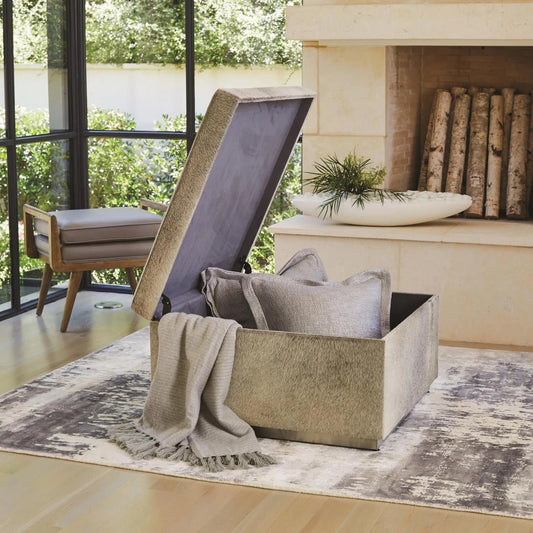 Metro Storage Ottoman by Global Views in brushed nickel. Made from mdf, stainless steel, hair on leather, polyester suede in a transitional style.