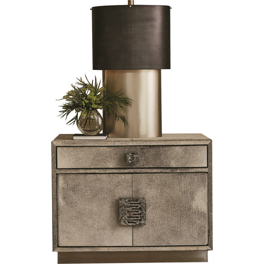 Metro Nightstand by Global Views in gray hair. Made from aluminum, stainless steel, grey hair on hide leather, polyester suede in a eclectic & global style.