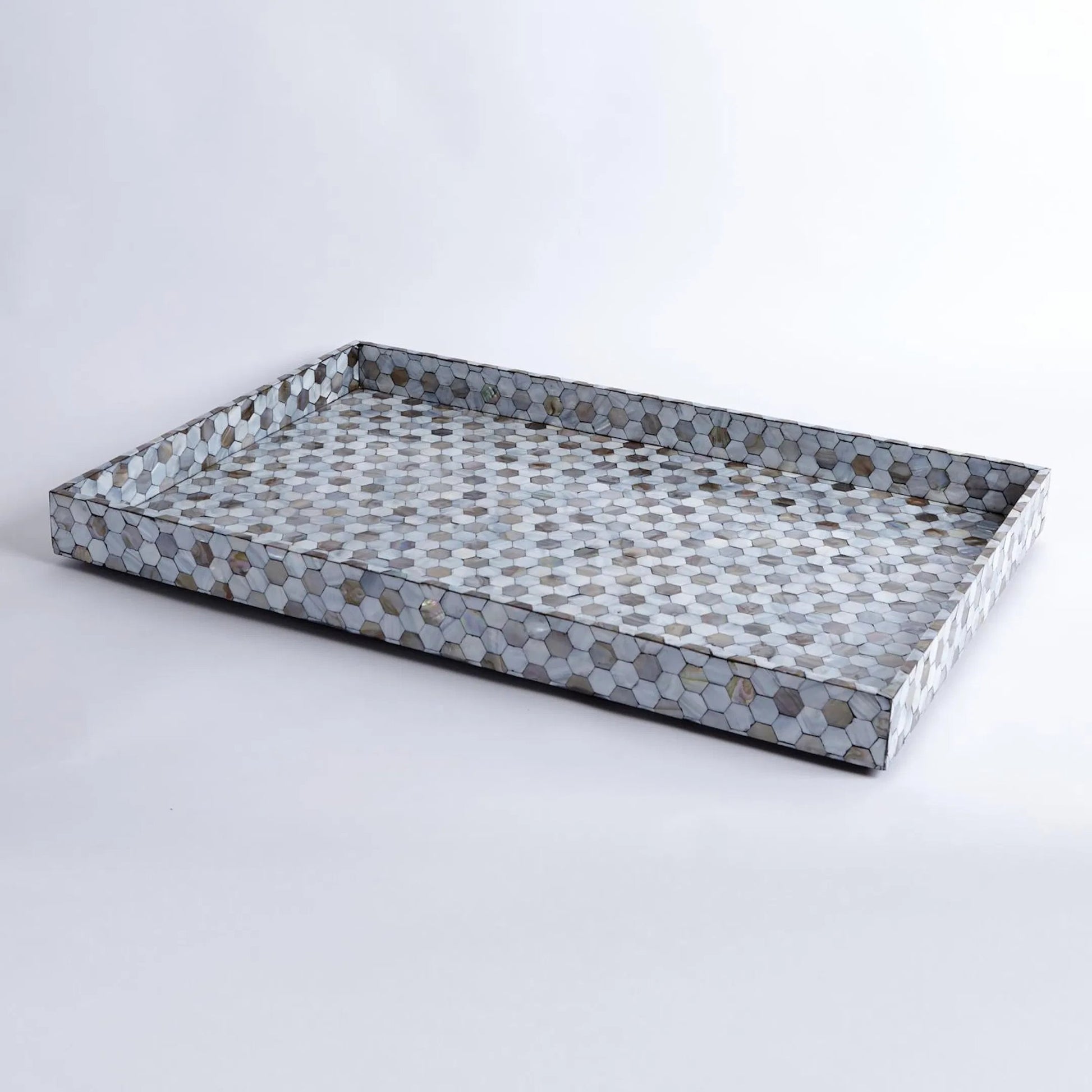 Mother of Pearl Tray by Global Views. Made from mdf, plywood, mother of pearl in a coastal style.