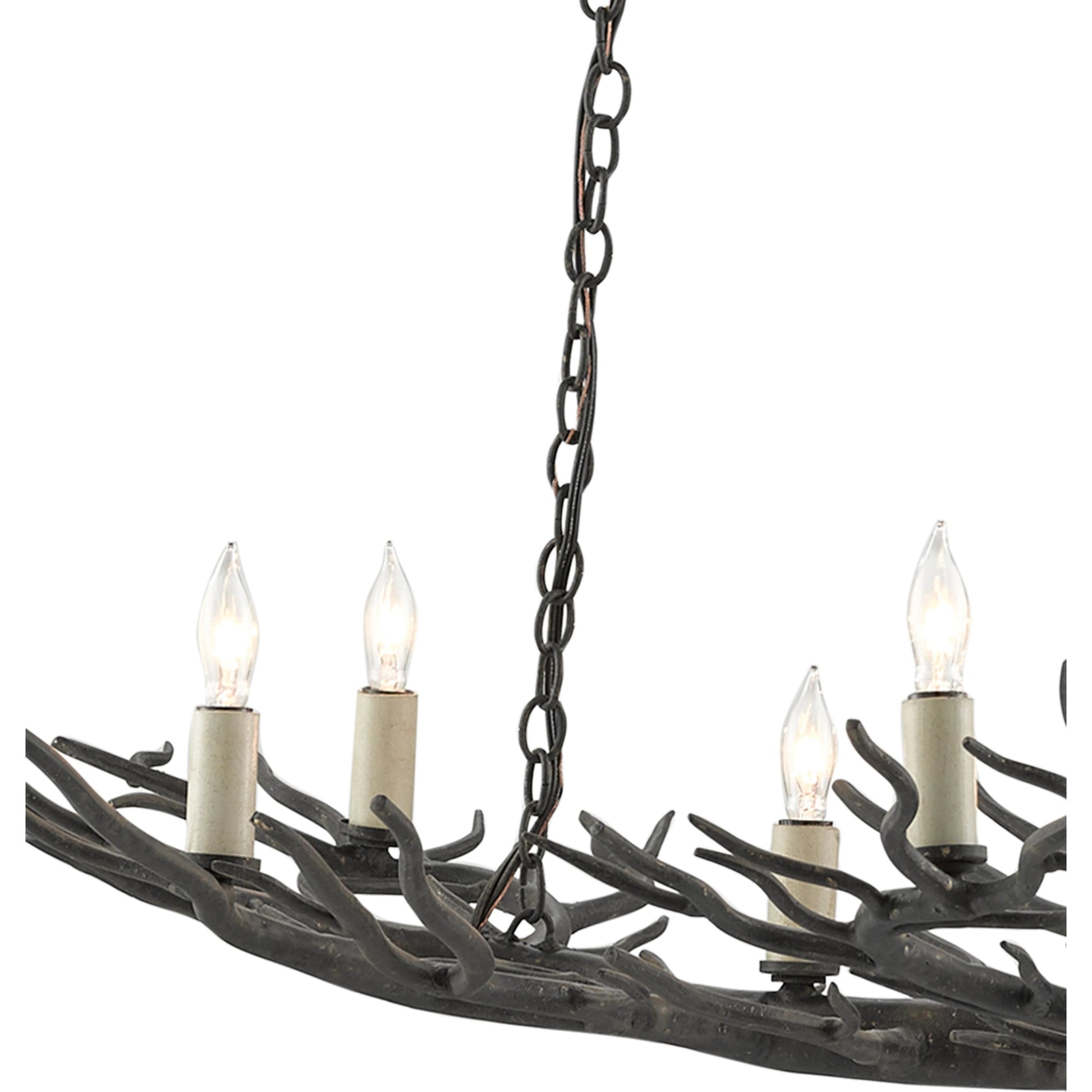 Rainforest Chandelier by Currey and Company in rustic bronze. Made from unique in a rustic style.