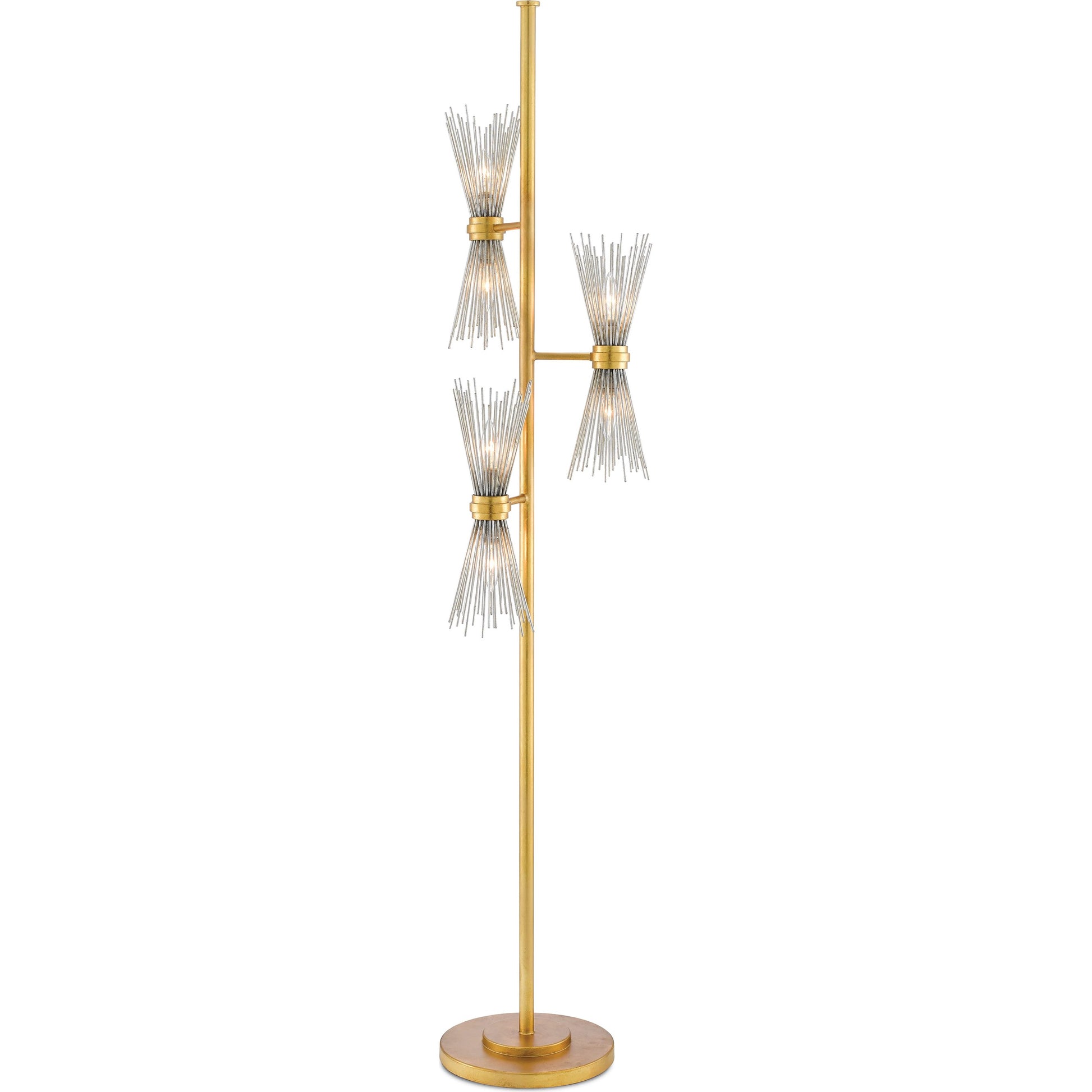 Novatude Floor Lamp by Currey and Company in antique gold leaf, contemporary silver leaf. Made from wrought iron in a modern style.