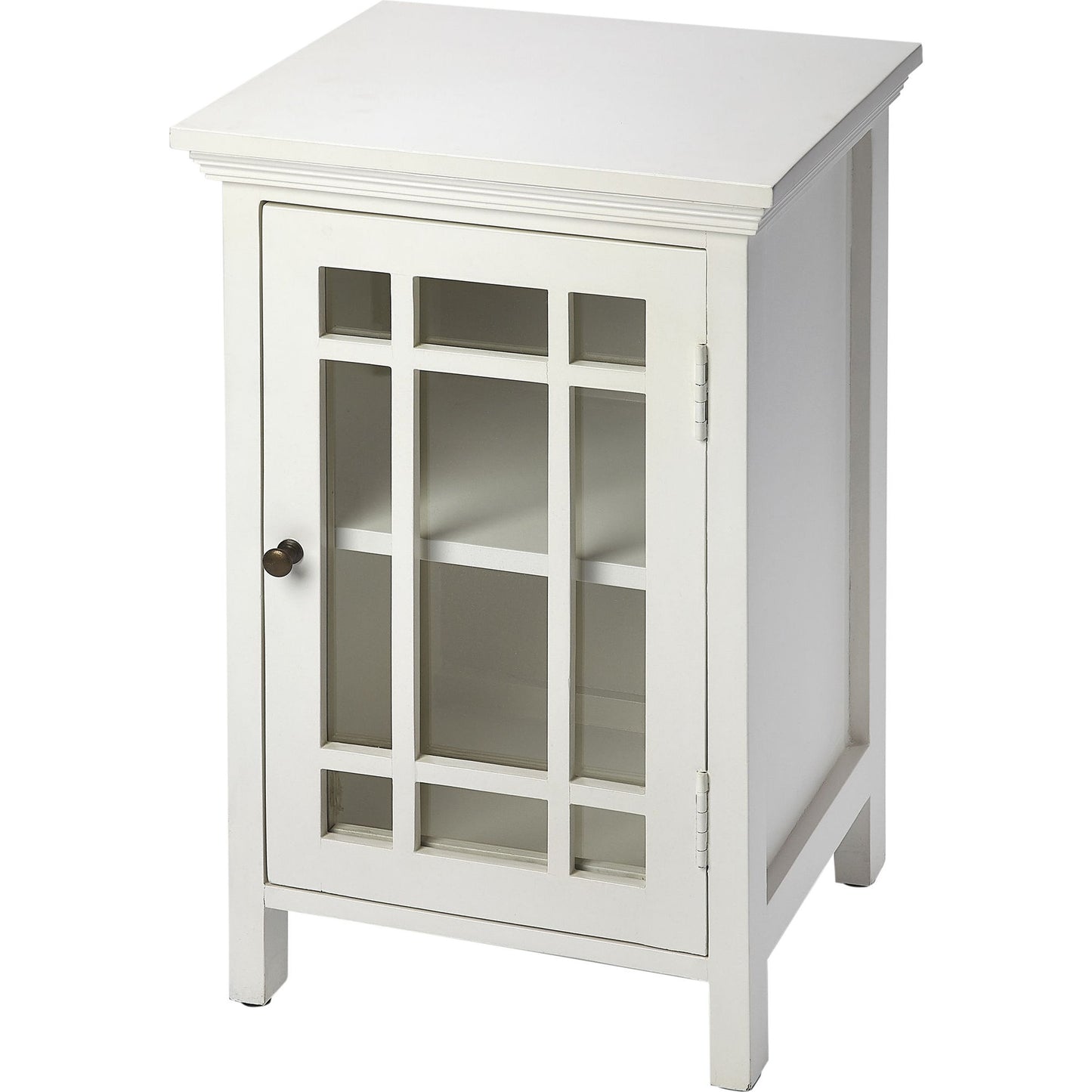 001 SR-770427 | Additional Silo | Baxter Chairside Chest by Butler Specialty Company in white and glossy white. Made from mango wood solids, mdf, clear glass, iron, antique finish in a cottage & farmhouse style.