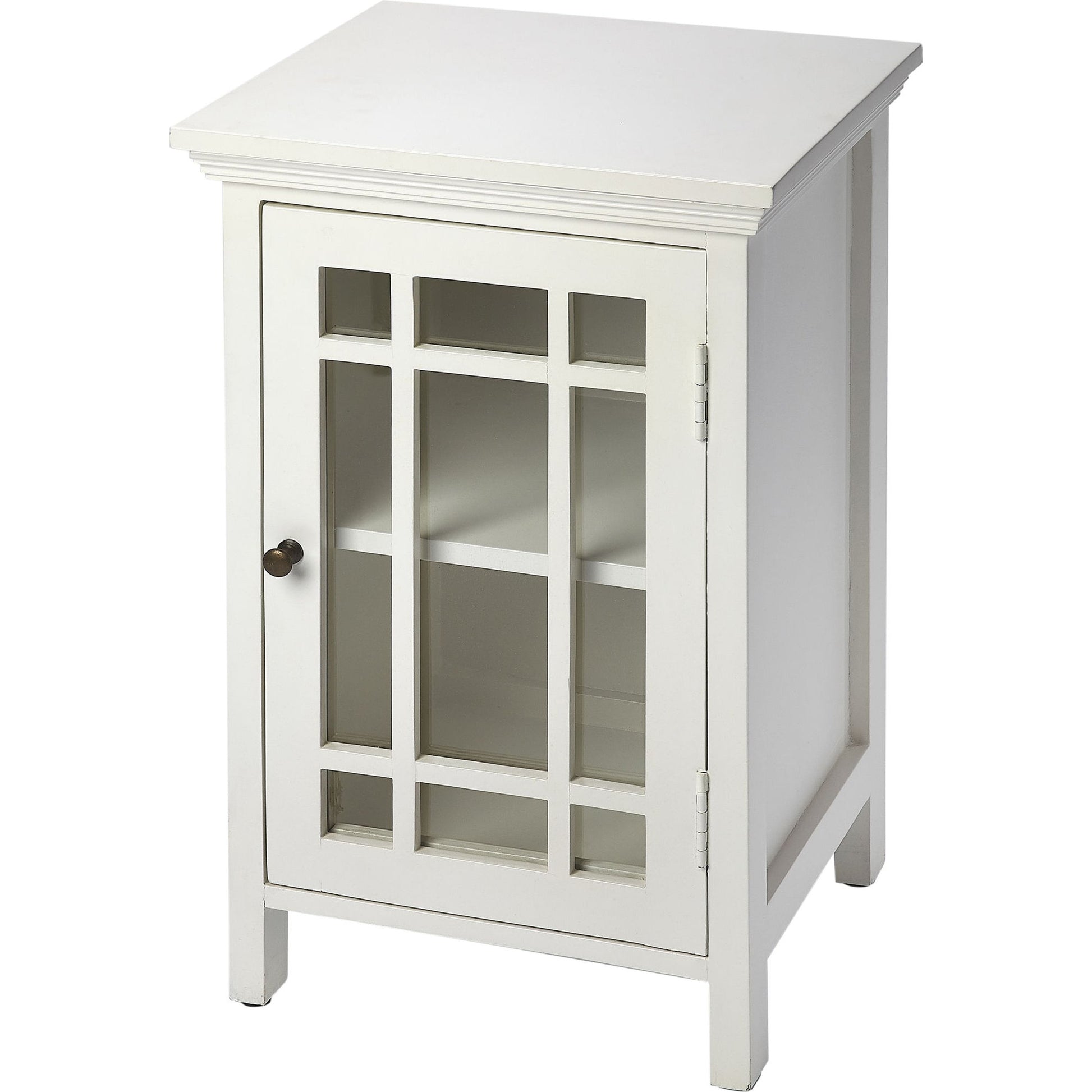 Baxter Chairside Chest by Butler Specialty Company in white and glossy white. Made from mango wood solids, mdf, clear glass, iron, antique finish in a cottage & farmhouse style.