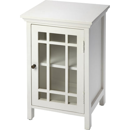Baxter Chairside Chest by Butler Specialty Company in white and glossy white. Made from mango wood solids, mdf, clear glass, iron, antique finish in a cottage & farmhouse style.