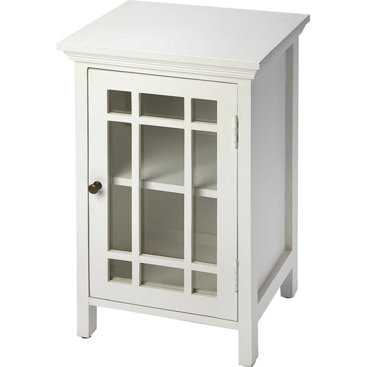 Baxter Chairside Chest by Butler Specialty Company in white and glossy white. Made from mango wood solids, mdf, clear glass, iron, antique finish in a cottage & farmhouse style.
