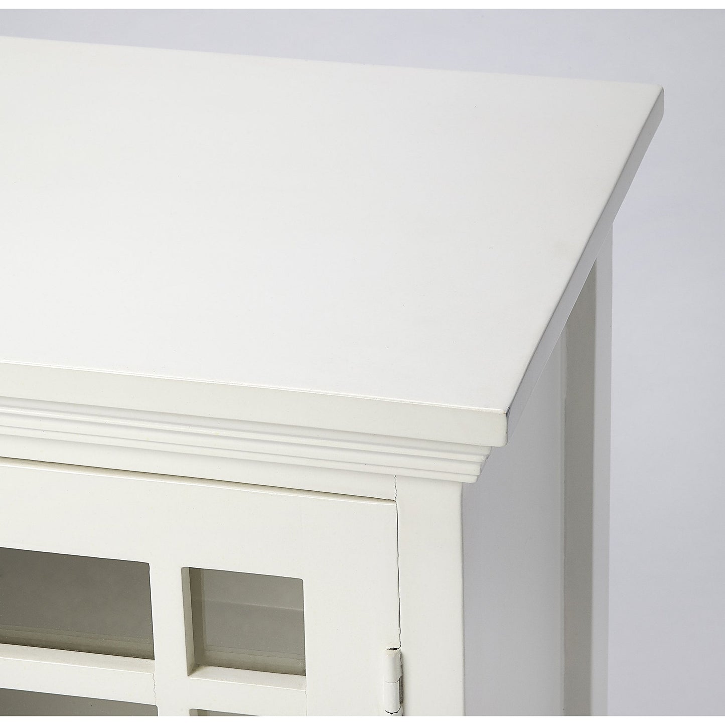 004 SR-770427 | Additional Silo | Baxter Chairside Chest by Butler Specialty Company in white and glossy white. Made from mango wood solids, mdf, clear glass, iron, antique finish in a cottage & farmhouse style.