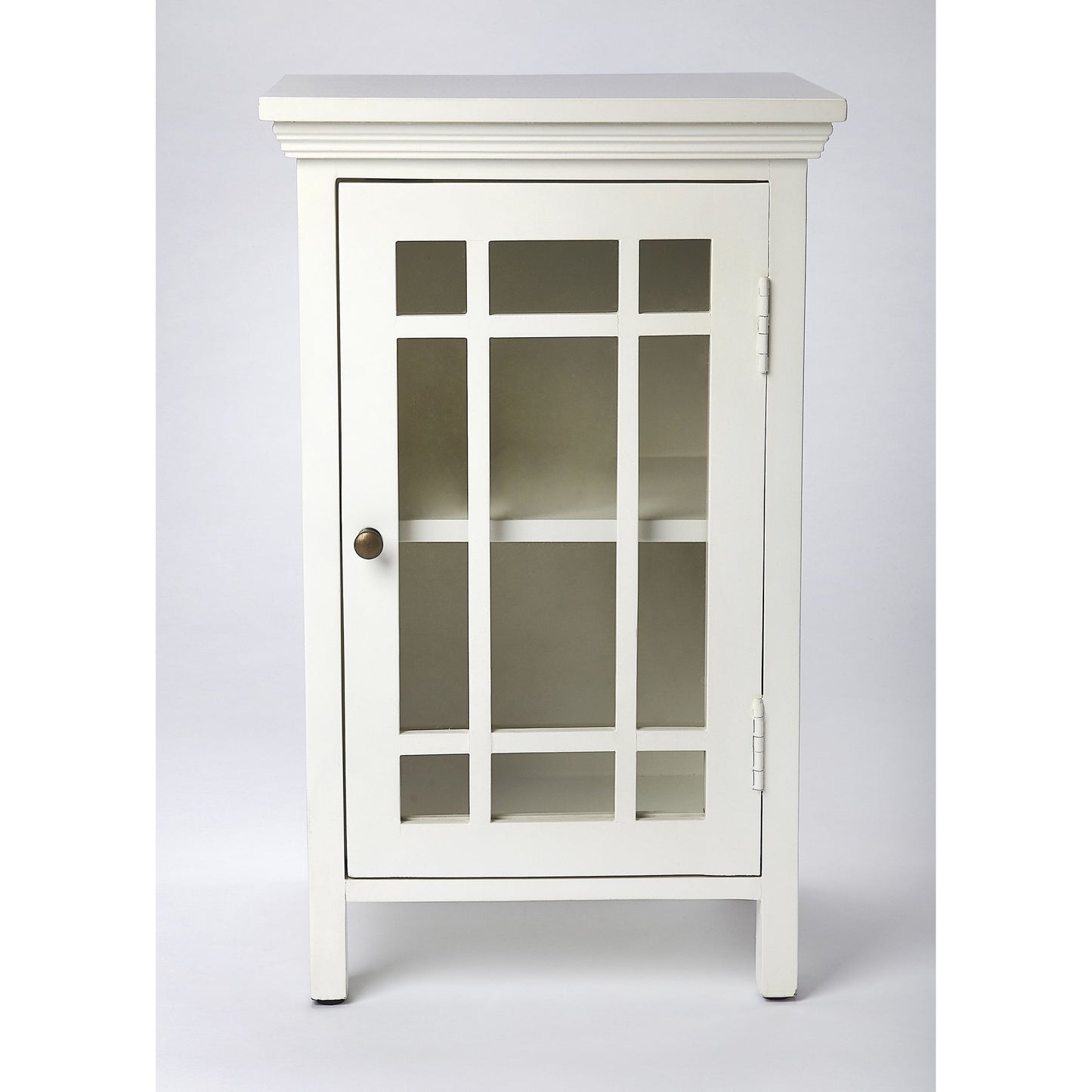 007 SR-770427 | Additional Silo | Baxter Chairside Chest by Butler Specialty Company in white and glossy white. Made from mango wood solids, mdf, clear glass, iron, antique finish in a cottage & farmhouse style.