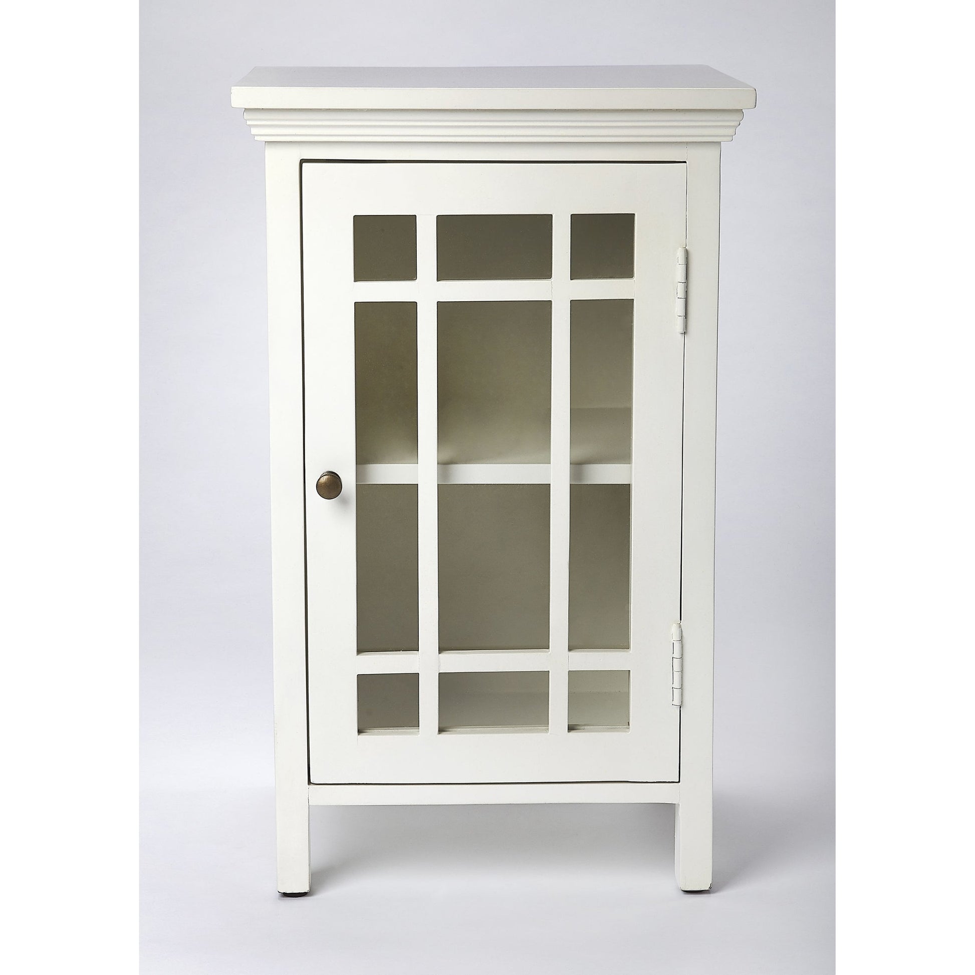 Baxter Chairside Chest by Butler Specialty Company in white and glossy white. Made from mango wood solids, mdf, clear glass, iron, antique finish in a cottage & farmhouse style.