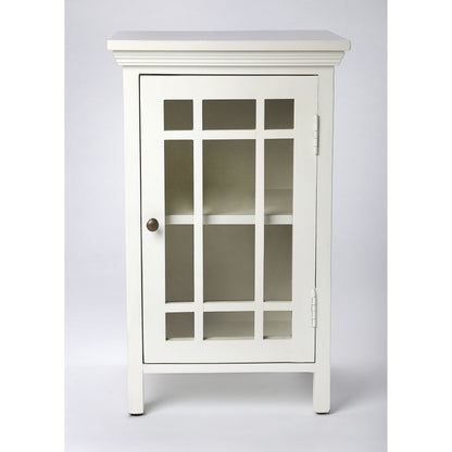 Baxter Chairside Chest by Butler Specialty Company in white and glossy white. Made from mango wood solids, mdf, clear glass, iron, antique finish in a cottage & farmhouse style.