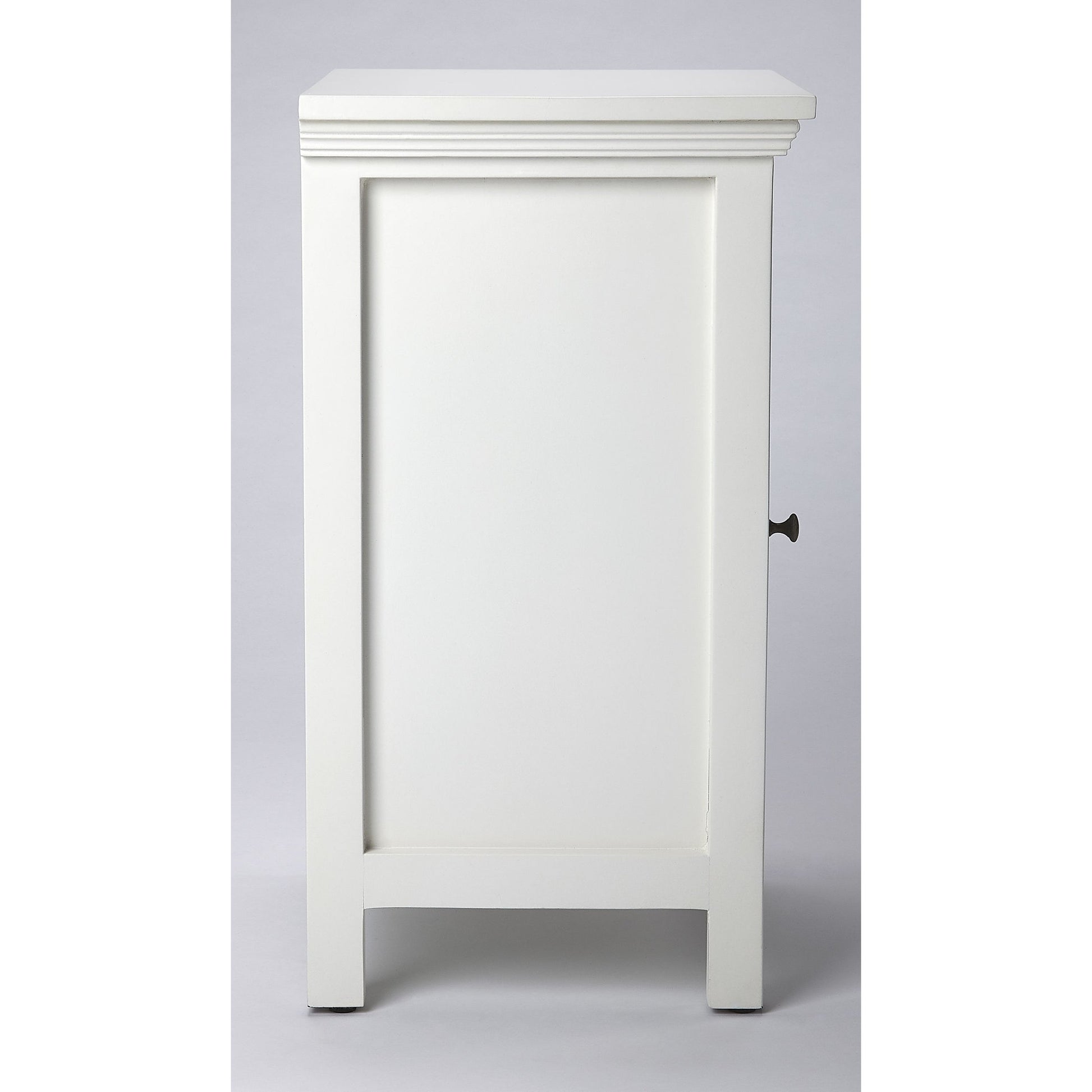 Baxter Chairside Chest by Butler Specialty Company in white and glossy white. Made from mango wood solids, mdf, clear glass, iron, antique finish in a cottage & farmhouse style.
