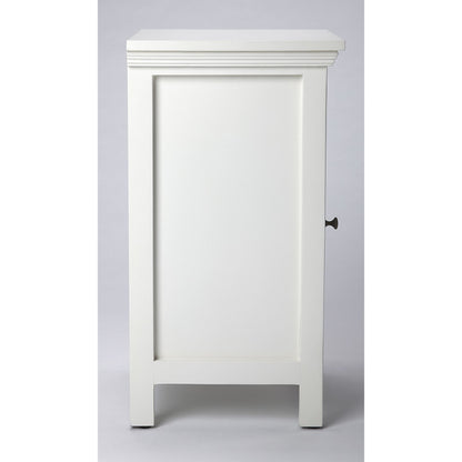 Baxter Chairside Chest by Butler Specialty Company in white and glossy white. Made from mango wood solids, mdf, clear glass, iron, antique finish in a cottage & farmhouse style.
