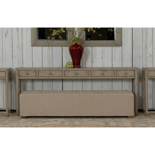 The 6 Foot Bench by Sarreid Ltd. in beige and beige linen. Made from oak, linen in a modern style.