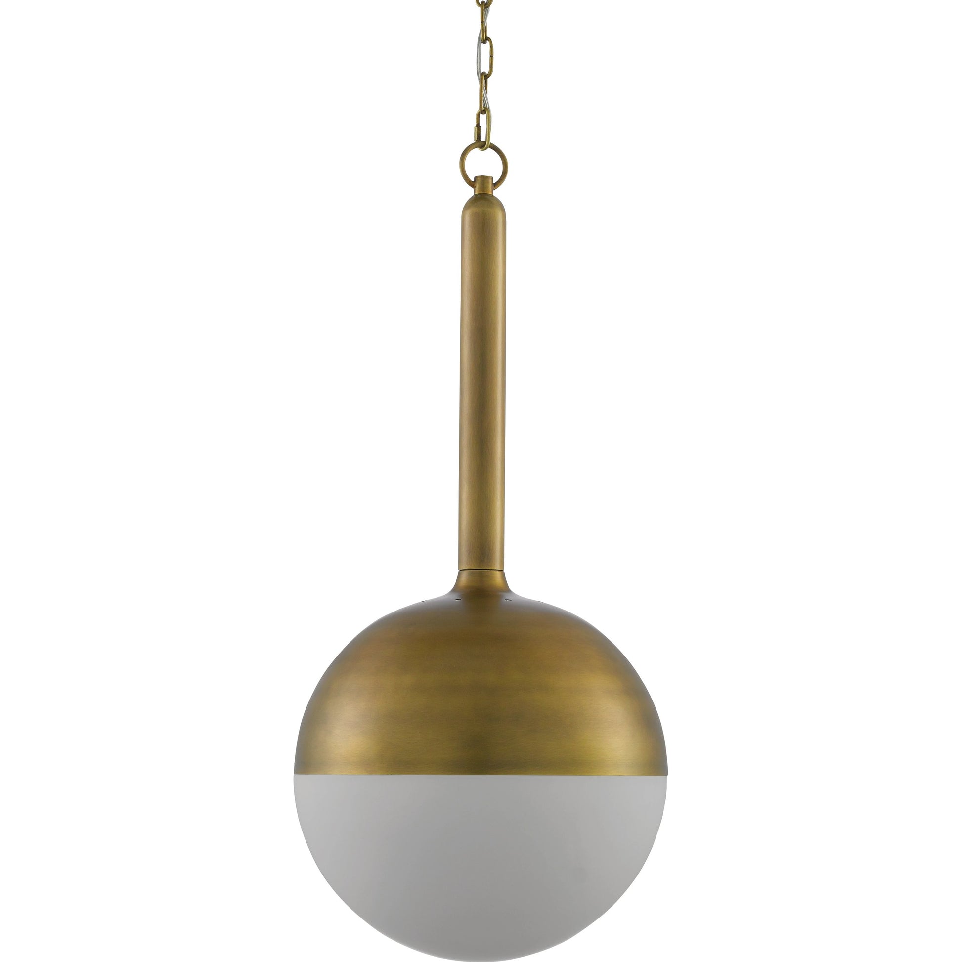 Moonward Pendant by Currey and Company in antique brass, opaque white. Made from metal, glass in a modern style.