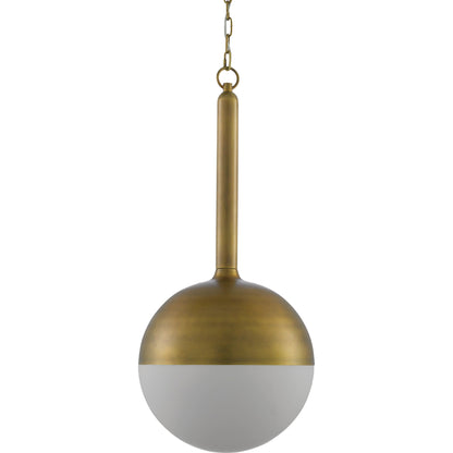 Moonward Pendant by Currey and Company in antique brass, opaque white. Made from metal, glass in a modern style.