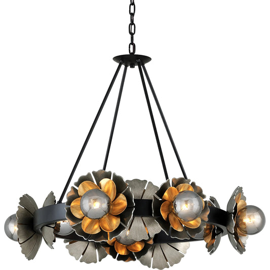 Magic Garden Chandelier by Corbett in soft black, stria silver leaf, old world gold leaf. Made from hand crafted iron in a unique style.