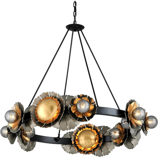 Magic Garden Chandelier by Corbett in soft black, stria silver leaf, old world gold leaf. Made from hand crafted iron in a unique style.