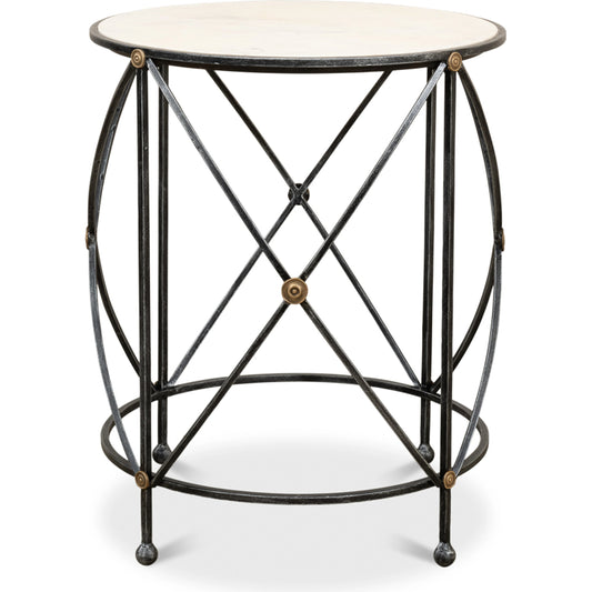 Drum & Fife Lamp Table by Sarreid Ltd. in aged white marble. Made from marble, iron in a modern style.