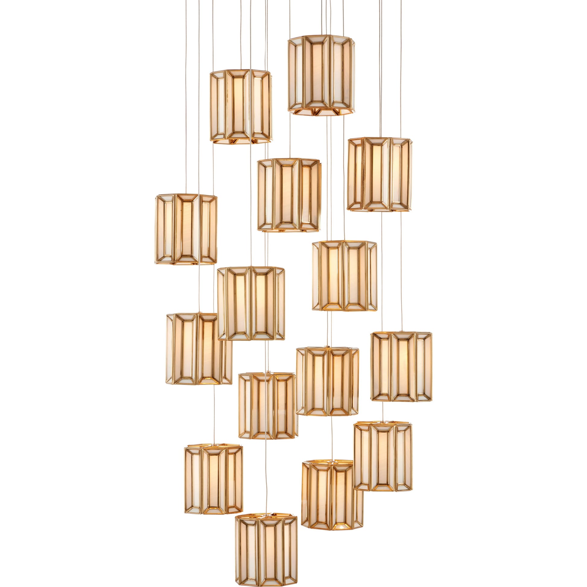 Daze Round 15-LIGHT Multi-Drop Pendant by Currey and Company in antique brass, white, painted silver. Made from frosted glass in a modern style.