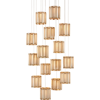 Daze Round 15-LIGHT Multi-Drop Pendant by Currey and Company in antique brass, white, painted silver. Made from frosted glass in a modern style.