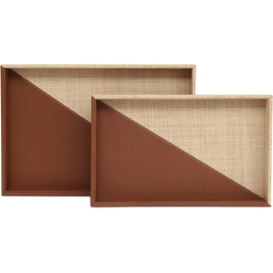 Leather Raffia Tray Set by Currey and Company in brown, natural. Made from leather, raffia, engineered wood, suede in a traditional style.