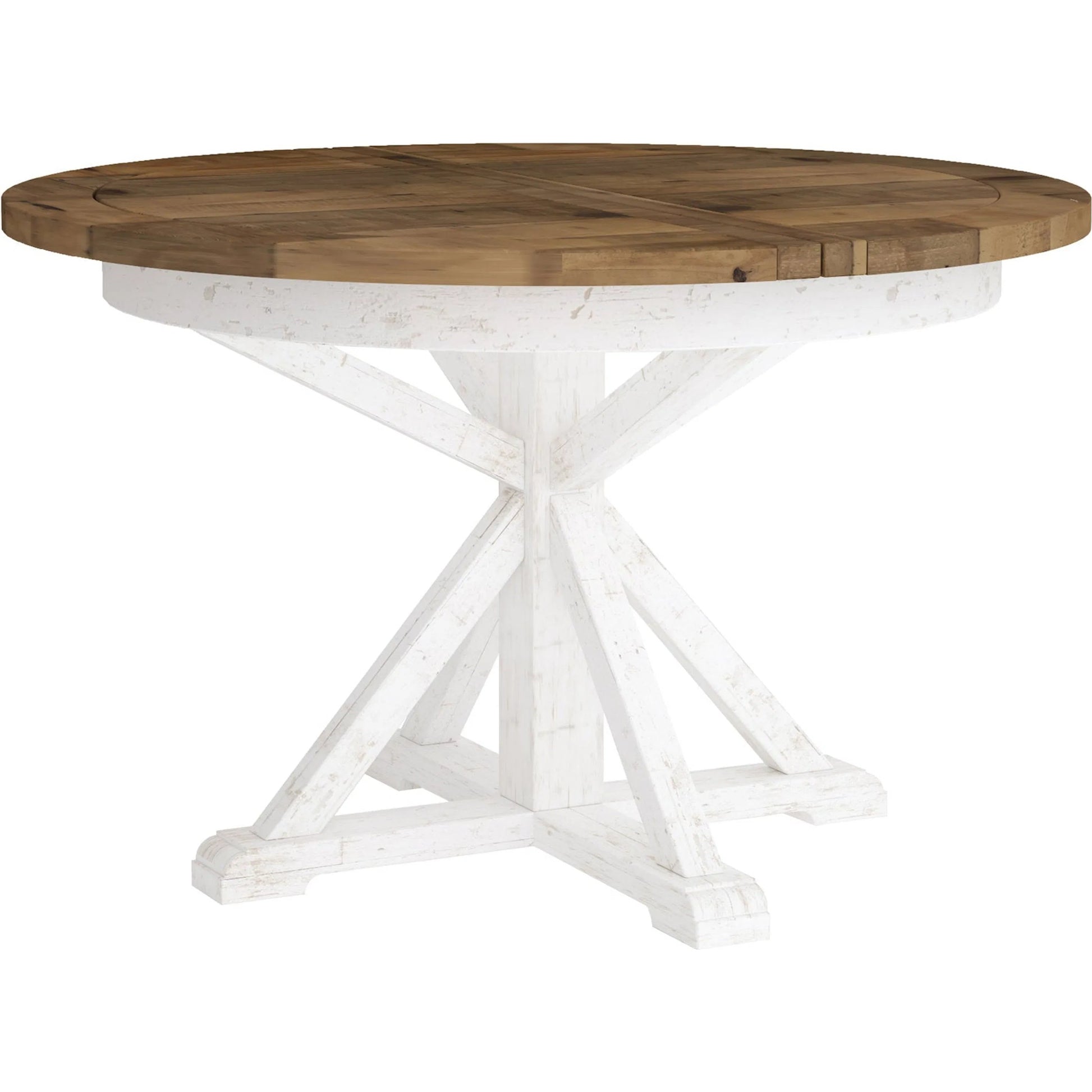 Provence Round Extension Table by LH Imports in white, brown and antique white, rustic natural. Made from fsc reclaimed pine in a modern style.