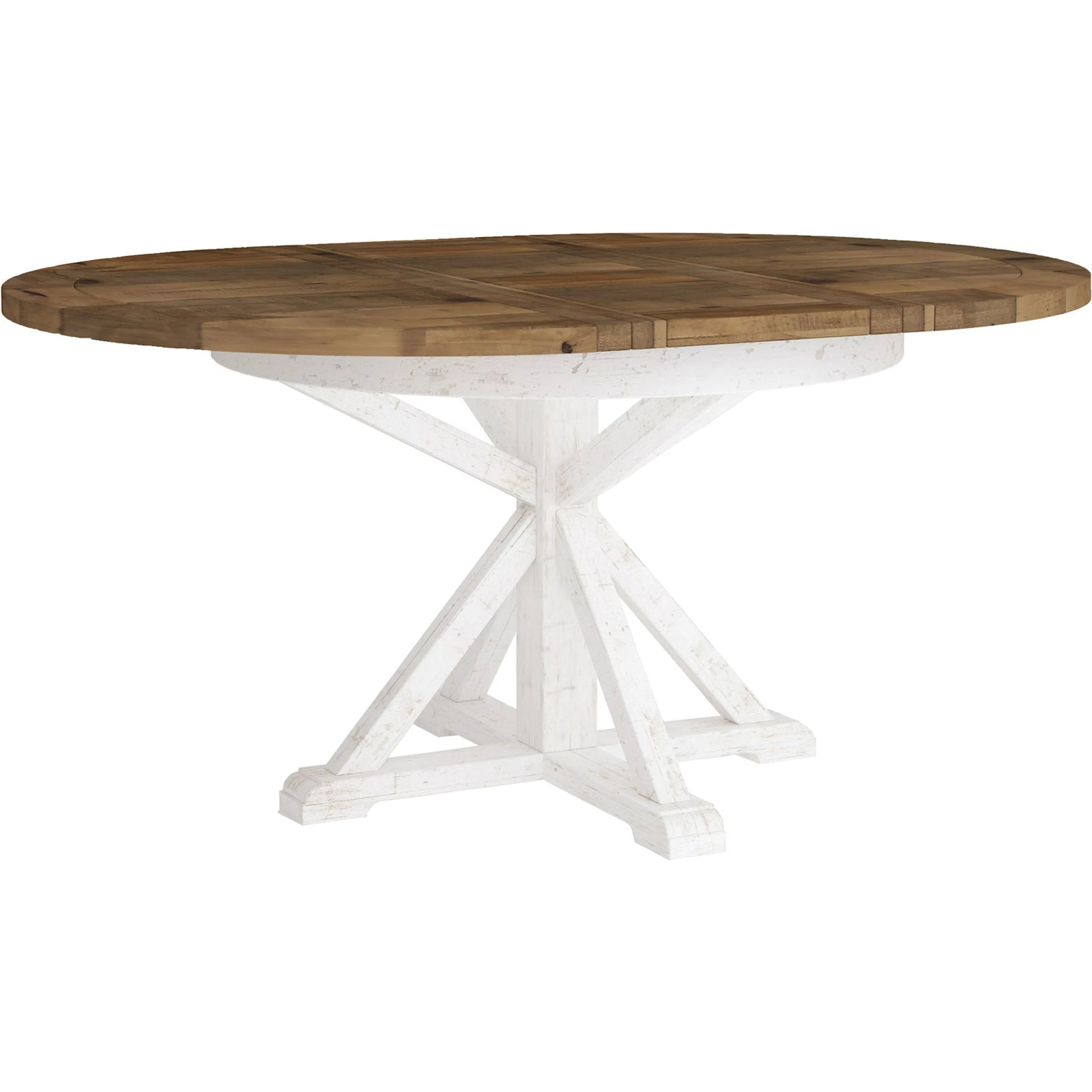Provence Round Extension Table by LH Imports in white, brown and antique white, rustic natural. Made from fsc reclaimed pine in a modern style.
