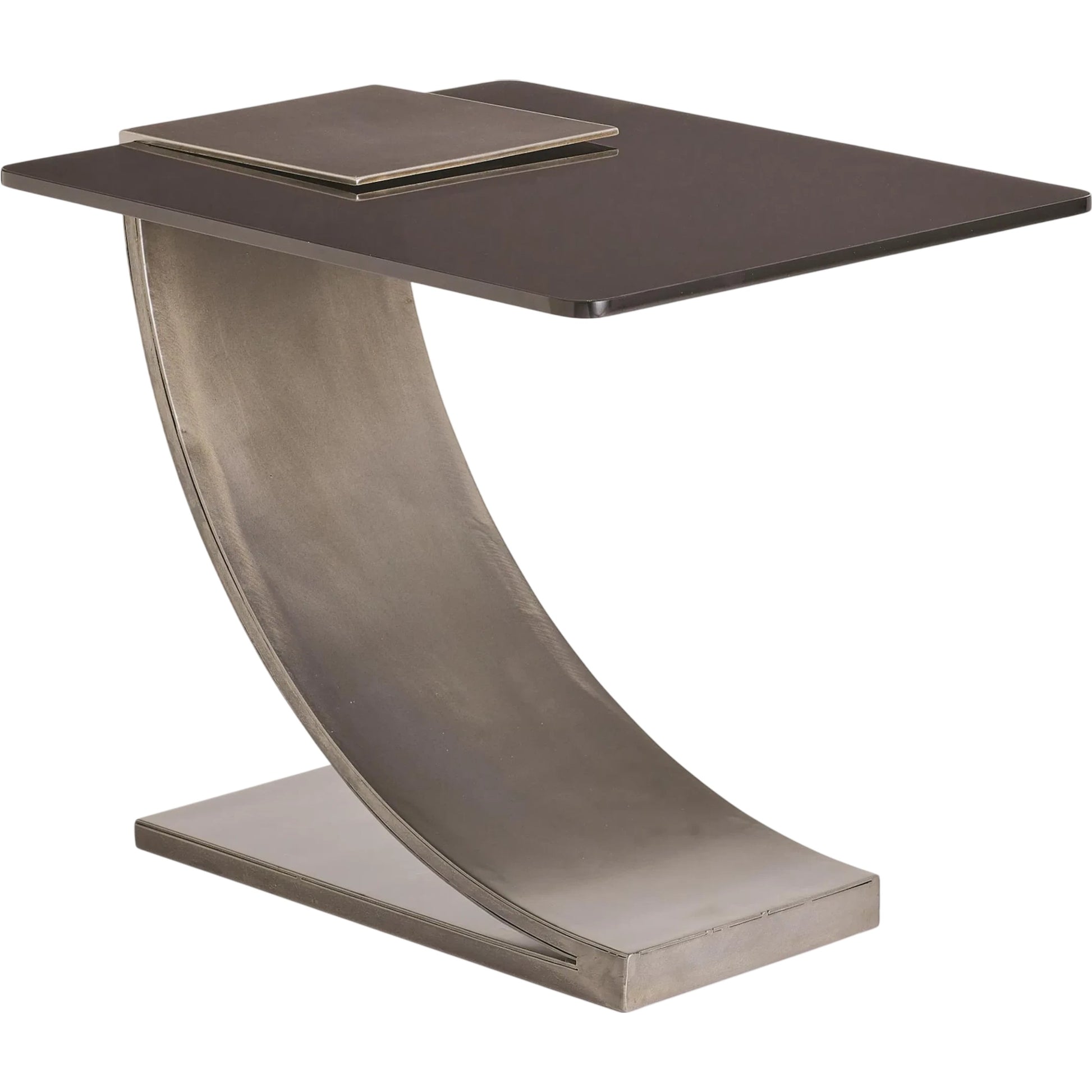 Side Table with Smoke Glass by Global Views in light gunmetal. Made from iron, smoked glass in a modern style.